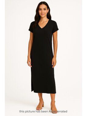 Cuyana Short Sleeve V Neck Tee Midi Dress Black Small Organic Cotton